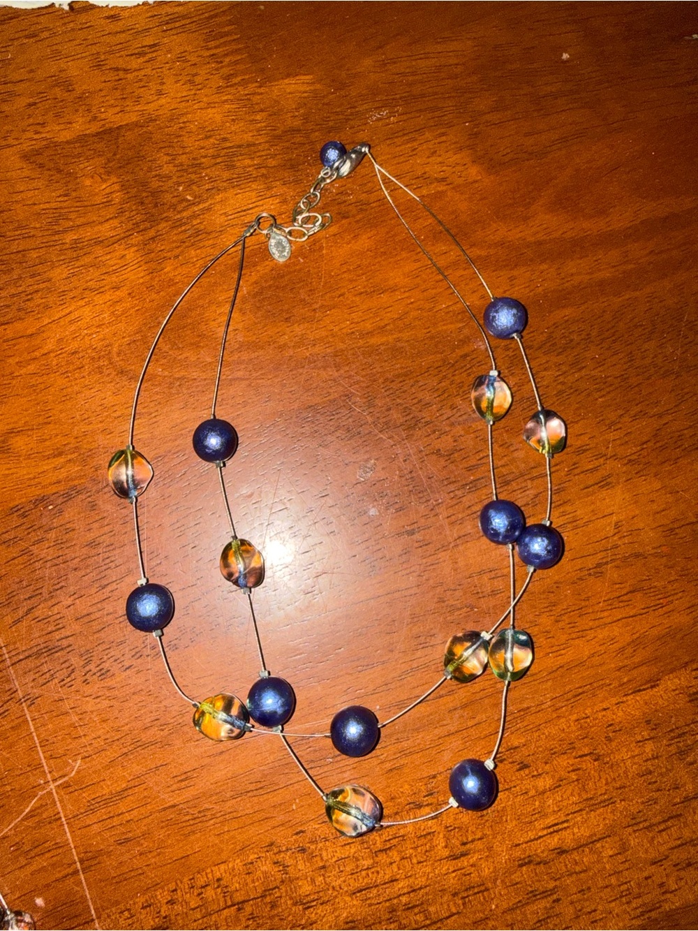 Two-Strand Blue and Amber Glass Bead Necklace